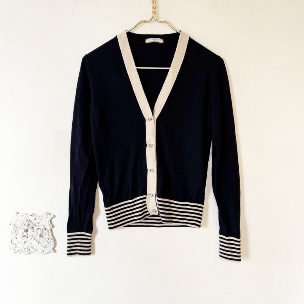 Bouchra Jarrar Paris Black Wool Cardigan Sweater Camel Stripe S